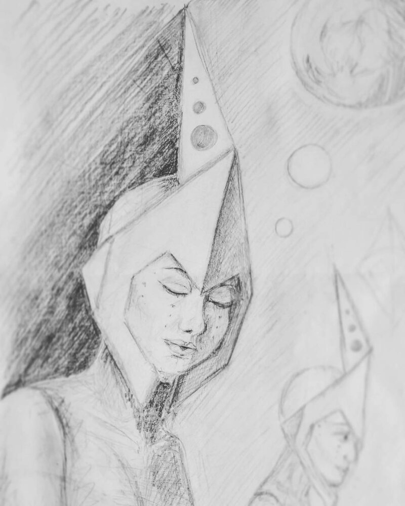 Pencil concept sketch of a faceted helmet